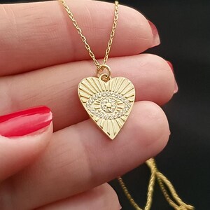 14k Solid Gold Heart Necklace, Evil Eye Charm Necklace For Mom, Heart Plate 18k Pendant For Mother Day Gift, Protection 18k Necklace For Her