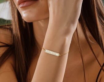 Pulsera con nombre de oro macizo, pulsera de barra personalizada para regalo, pulsera con placa de nombre personalizada, pulsera de barra con nombre personalizable para regalo del Día de la Madre