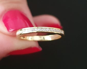 Alianza de boda de media eternidad con diamantes, anillo de diamantes engastados en canal en oro macizo, anillo apilable de diamantes naturales para mujer, regalo de aniversario para ella