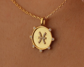 Collar con el signo del zodíaco Piscis en oro macizo de 10 quilates, 14 quilates y 18 quilates, collar con dije de Piscis personalizado, colgante del zodíaco personalizado grabado para mamá, regalo de Navidad