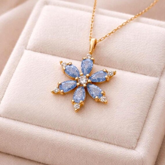 14Kゴールドアクアマリンデイジーネックレス、18K 3月誕生石ペンダント 