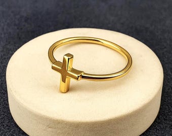 14K Gold Cross Ring, Minimalist Faith Jewellery, 18K Gold Adjustable Thin Christian Ring, 10K Religious Gift for Women, Everyday Jewellery