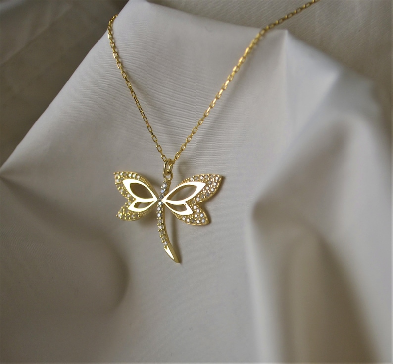 10K 14K 18K Solid Gold Dragonfly Necklace Zircon Dragonfly Etsy