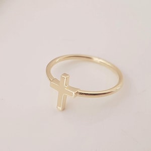14k Solid Gold Minimalist Cross Ring For Women, 18k Gold Dainty Cross Religious Ring, Christian Cross 10k Gold Ring, Stackable Ring For Mom
