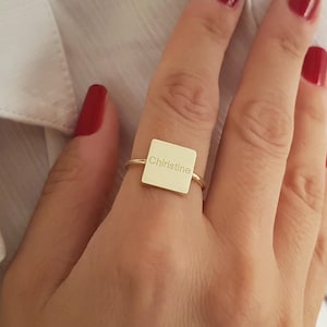14k Solid Gold Custom Signet Ring For Her, 18k Gold Dainty Customized Square Ring, Personalized Name 10k Gold Ring, Engraved Cute Name Ring