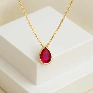 14K Solid Gold Drop Cut Ruby Pendant, 18K Tear Ruby Stone Jewellery for Women, 10K Elegant Vintage Style Charm Necklace, Christmas Gift.