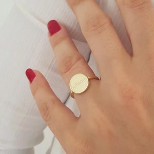 14k Solid Gold Personalized Signet Ring For Her, 18k Gold Dainty Custom Round Ring, Customized Name 10k Gold Ring, Engraved Custom Name Ring