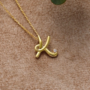 Collar con inicial personalizado en oro macizo, collar con dije de letra personalizado en oro de 14 k, 18 k y 10 k, colgante con inicial escrita a mano, regalo personalizado para ella