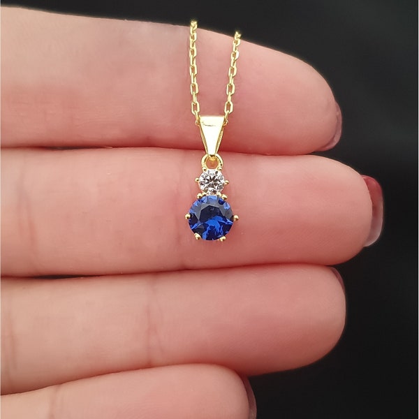 10k 14k 18k Real Gold Sapphire Necklace, Round Cut Sapphire Minimalist Necklace,Dainty Sapphire Pendant For Mom,Necklace For Christmas Gift