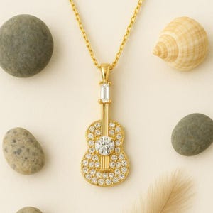 14k Solid Gold Classical Guitar Necklace, 18k Zirconia Stone Pendant For Women, 10k Gold Charm Necklace For Musicians, Guitarist Jewellery.