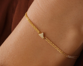 Solid Gold  Minimalist Triangle Bracelet, Dainty Geometric Charm Bracelet, 10k 14k 18k Real Gold Tiny Tri-angle Bracelet For Birthday Gift