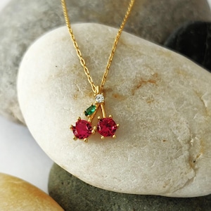 14k Solid Gold Cherry Pendant For Women, 18k Necklace For Daughter, 10k Gold Charm Ruby Stone Cherry Pendant, Kids Gift For Christmas.