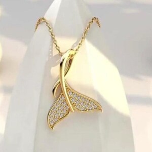 14k Solid Gold Mermaid Tail Necklace, 18k Gold Fish Charm Necklace, 10k Zirconia Stone Fish Tail Pendant For Women, Christmas Gift.