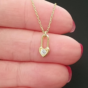 14k Solid Gold Tiny Heart Lock Necklace For Women, 18k Gold Padlock Heart Pendant, Minimalist Padlock Heart Shape 10k Gold Necklace For Gift