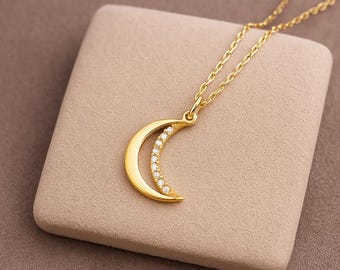 Collar de luna creciente de oro macizo de 14 k para mujer, colgante de media luna de oro de 18 k, colgante de luna de oro de 10 k, joya celestial para regalar.