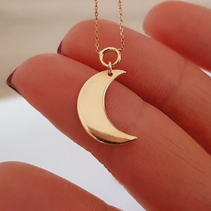 14k Solid Gold Crescent Necklace, Moon 18k Real Gold Charm Necklace For Gift, Crescent Moon 10k Pendant For Birthday Gift, Celestial Jewelry