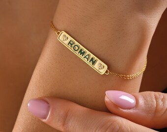 Pulsera con nombre en barra de oro macizo, pulsera con barra de esmalte personalizada, pulsera con placa de identificación personalizada para mamá, pulsera con nombre personalizable para Navidad