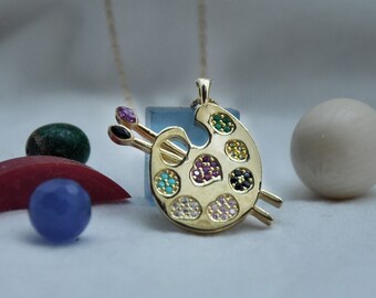 10K 14K 18K Solid Gold Painting Palette Necklace, Painter Necklace, Handmade Product, Mother's Day Gift, Valentine's Day Gift, Artist Gift