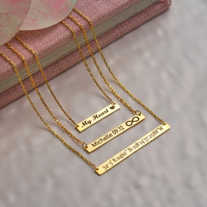 Solid Gold Engraved Horizontal Bar Necklace, Personalized Bar Name Necklace, Custom Date Pendant For Women, Customizable Gift For Christmas