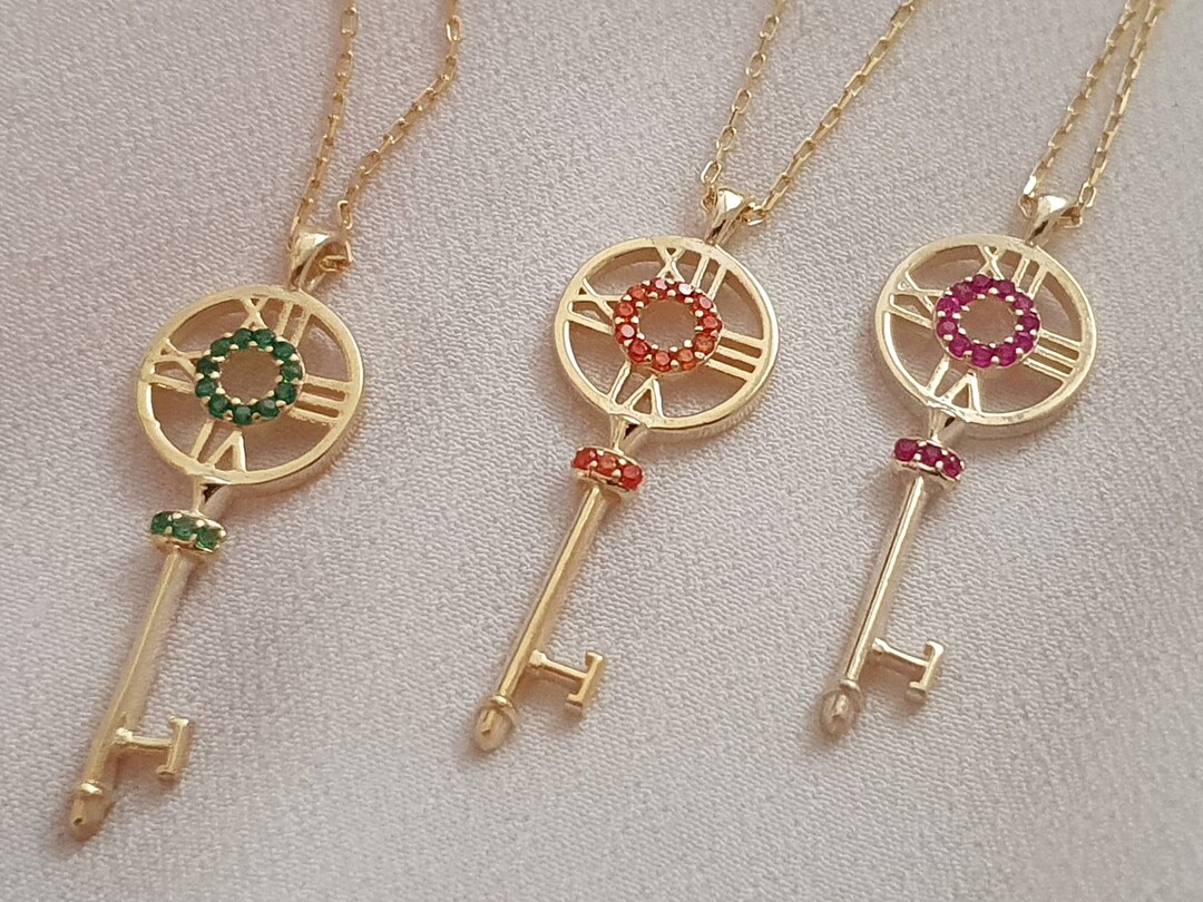 Solid Gold Custom Clock Key Necklace for Her, Personalized Birthstone ...