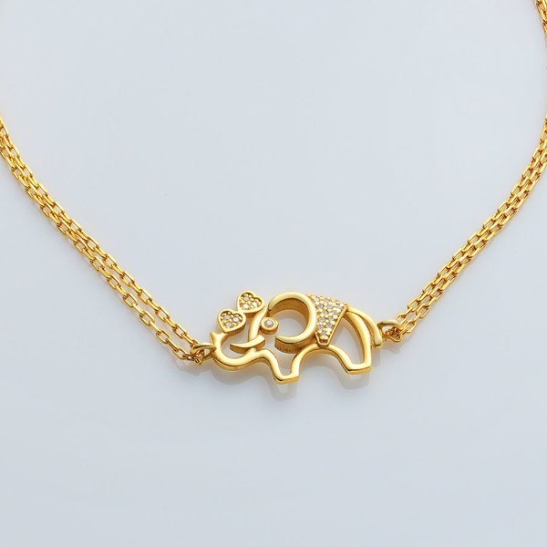 10k 14k 18k Gold Heart Elephant Bracelet, Dainty Good Luck Charm Bracelet For Mom, Solid Gold Tiny Elephant Bracelet For Christmas Gift