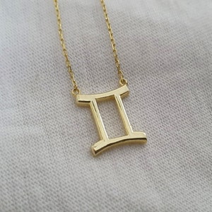 10k 14k 18k Solid Gold Zodiac Gemini Sign Necklace, Gemini Charm Necklace For Her, Zodiac Jewelry For Christmas Gift, Gemini Pendant For Mom