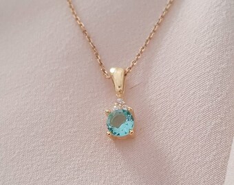 10k 14k 18k Solid Gold Blue Topaz ketting, ronde gesneden Blue Topaz edelsteen ketting voor moeder, december Birthstone ketting voor verjaardagscadeau