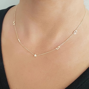 Collar con inicial personalizado de oro macizo de 14 k para mujer, collar con dije de letra lateral personalizado de oro auténtico de 18 k, collar con varias letras de 10 k