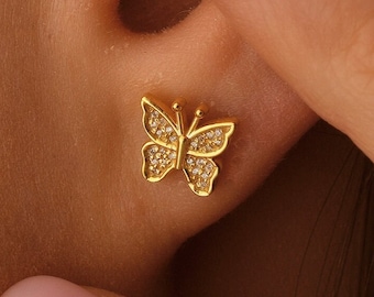 14k Solid Gold Minimalist Butterfly Stud Earrings For Women, 18k Gold Dainty Butterfly Earrings, Tiny Butterfly 10k Gold Earrings For Gift