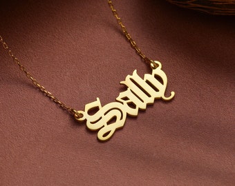 Solid Gold Personalized Old English Name Necklace, Custom Gothic Name Plate Necklace For Mom, Customized Name Necklace For Birthday Gift