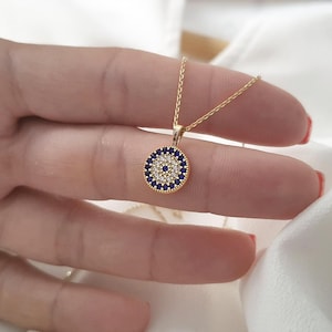 14k Solid Gold Dainty Evil Eye Necklace, 18k Protection Charm Necklace For Daughter, Good Luck 10k Real Gold Pendant For Mother's Day Gift