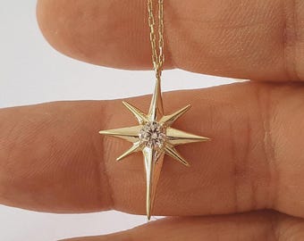 Solid Gold North Star Necklace, 14k 18k 10k Gold Celestial Pole Star Charm Necklace For Birthday Gift, Dainty Starburst Pendant For Women