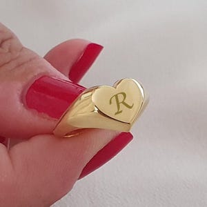 14k Solid Gold Heart Shape Signet Ring, Personalized 18k Gold Signet Ring, Custom Heart 10k Gold Ring For Women, Engraved Initial Gold Ring