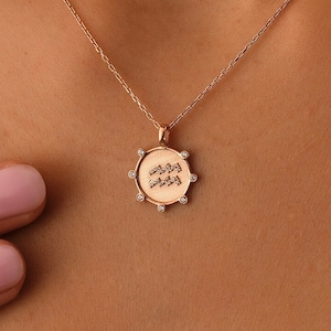 10k 14k 18k Solid Gold Zodiac Aquarius Sign Necklace, Personalized Aquarius Zodiac Charm, Real Gold Engraved Astrology Pendant For Christmas