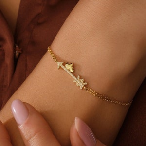 Solid Gold Heart Arrow Bracelet, Dainty Love Arrow Bracelet, 10k 14k 18k Gold Tiny Heart Bracelet For Christmas,Minimalist Bracelet For Gift