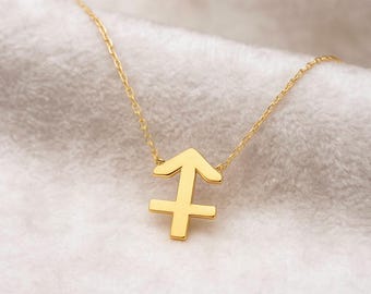 14k Solid Gold Zodiac Sagittarius Necklace For Her, 18k Gold Tiny Sagittarius Sign Necklace,Zodiac Symbol 10k Gold Pendant For Birthday Gift