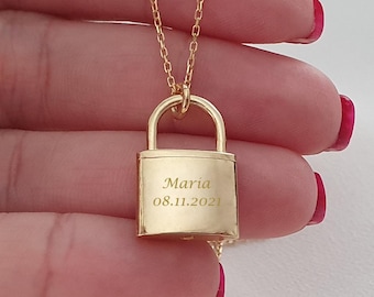 14k Solid Gold Custom Initial Padlock Necklace, 18k Engraved Padlock Charm Necklace For Her,Personalized 10k Real Gold Lock Pendant For Gift