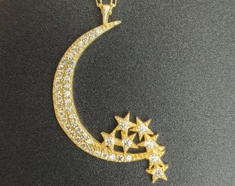 14k Solid Gold Milky Way Star Pendant, 18k Dainty Crescent Star Pendant For Women, 10k Chram Pendant for Mother&#39;s day gift, Christmas Gift