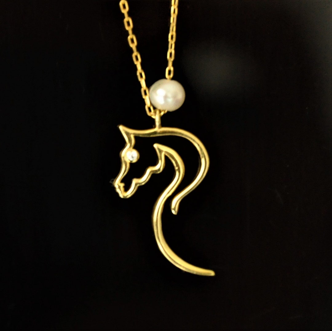10K 14K 18K Gold Horse Necklace, Design Horse Necklace, Equestrian Pendant, Handmade Necklace