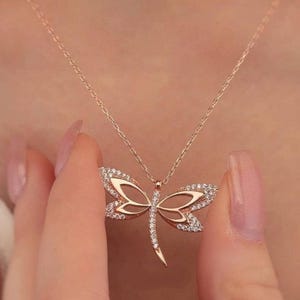 14k Solid Gold Dragonfly Pendant, 18k Elegant Zirconia Stone Dragonfly Jewellery For Women, 10k Gold Charm Dragonfly Necklace For Daughter.