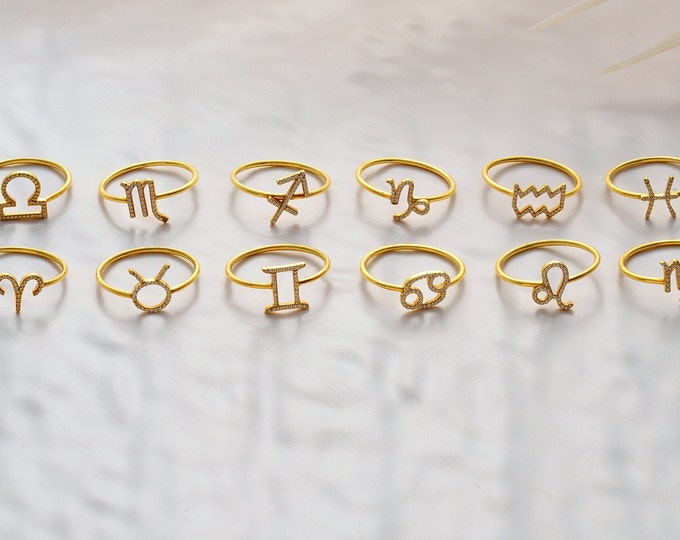 Solid Gold Zodiac Sign Ring, Tiny Zodiac Ring For Gift, Dainty Astrology Ring, Minimalist Zodiac Ring For Christmas Gift, Mother's Day Gift