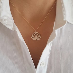 14k Solid Gold Dainty Lotus Necklace For Her, 18k Gold Lotus Flower Charm Necklace For Mom, Lotus Floral 10k Gold Pendant For Christmas Gift
