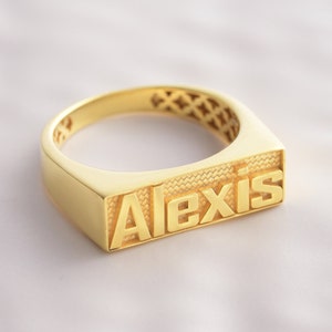 Solid Gold Personalized Name Ring, Customized Signet Name Ring For Mother&#39;s Day Gift, Real Gold Custom Name Signet Ring For Christmas Gift