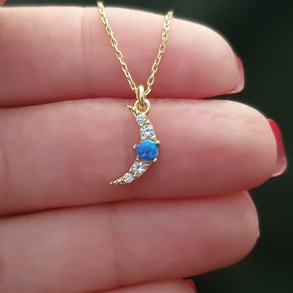 10k 14k 18k Real Gold Moon Necklace, Dainty Blue Opal Crescent Necklace, Blue Opal Charm Necklace, Crescent Necklace For Mother's Day Gift