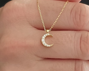 14k Solid Gold Dainty Crescent Necklace, 18k Gold Minimalist Crescent Moon Pendant For Women, 10k Gold Tiny Moon Charm Necklace For Gift