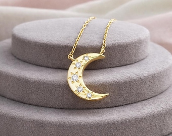 14K Gold Diamond Moon Necklace, 18K Natural Diamond Crescent Charm Necklace for Gift, 10K Delicate Celestial Necklace for Christmas Gift