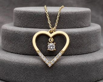 14k Solid Gold Dainty Heart Necklace, 18k Open Heart Charm Necklace For Daughter, Dainty Heart 10k Real Gold Pendant For Mother's Day Gift