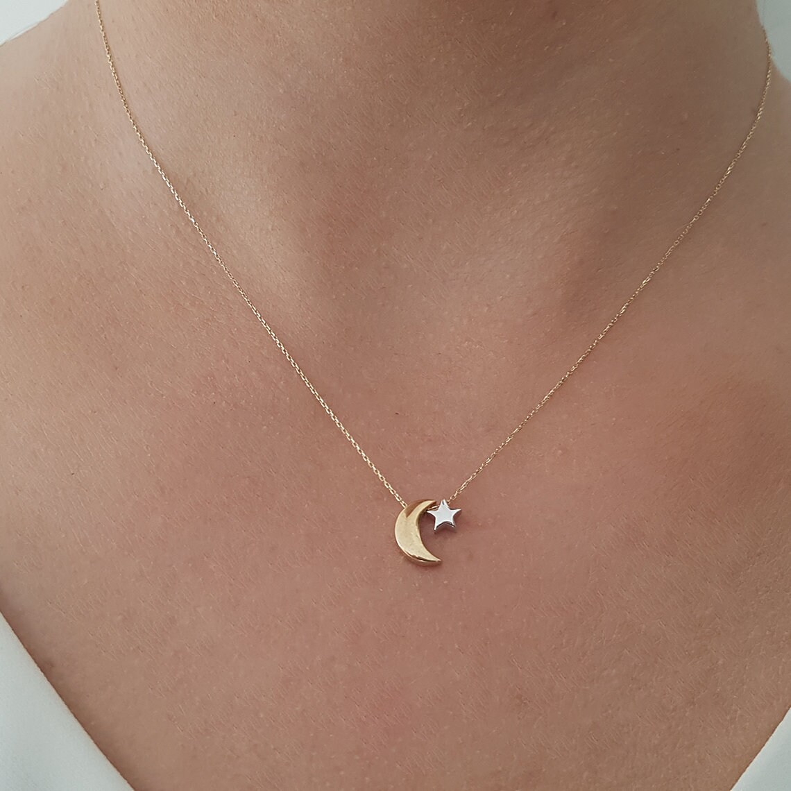 Solid Gold Moon Star Necklace, Minimalist Crescent Star Necklace, Star Crescent Necklace For Mothers Day Gift, Jewelry For Christmas Gift