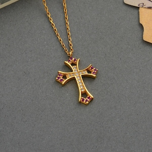 14k Solid Gold Cross Necklace For Women, 18k Gold Dainty Ruby Cross Charm Necklace, Elegant Christian 10k Gold Pendant, Religious Jewelry