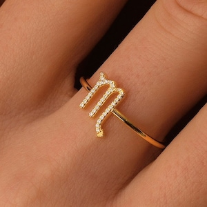 10k 14k 18k Solid Gold Zodiac Scorpio Ring, Delikatny pierścień znaku Skorpiona, Prawdziwy złoty pierścień astrologiczny zodiaku, Malutki pierścień Virgo na prezent na Dzień Matki